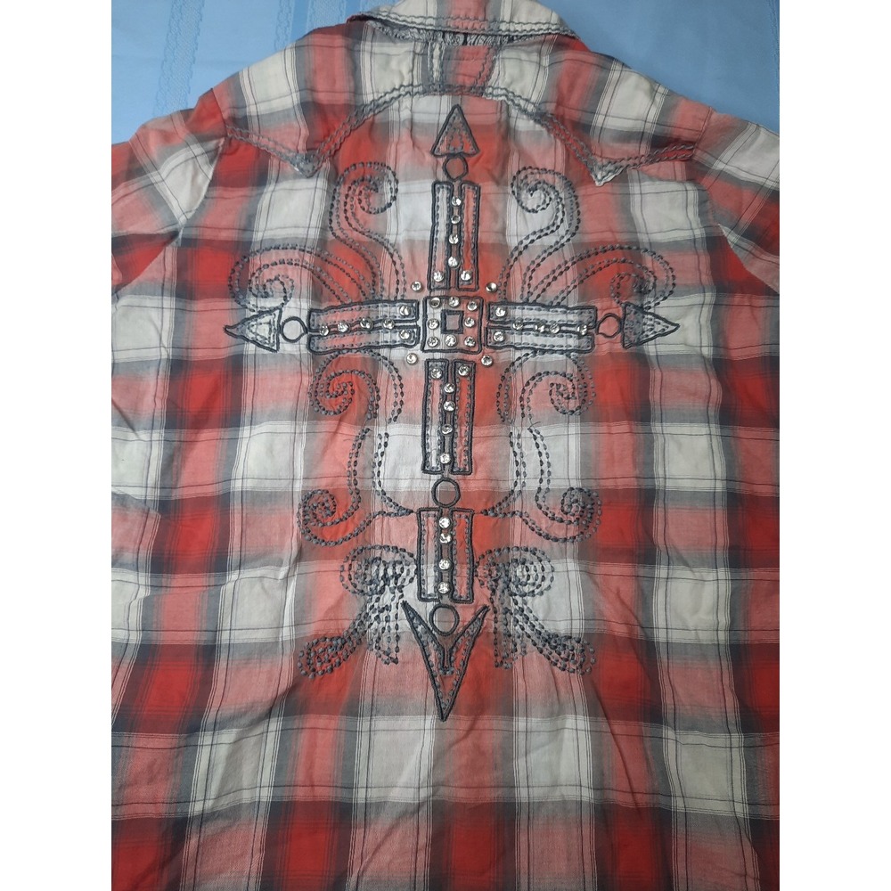ROAR Western Shirt Women's Size Large Pink Red Rhinestone Affliction Style Y2K